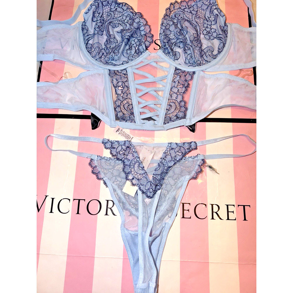 Victorias Secret Bra Top Corset Clubbing Top & Thong Blue Paisley Medium (DD) - Picture 4 of 4